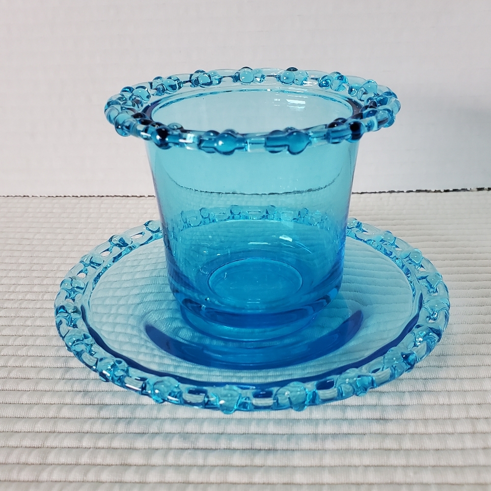 Votive Candle Holder With Plate Turquoise Blue Vintage 3"x3.5" Delicate Clear